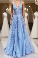 A Line V Neck Sky Blue Lace Semi Formal Prom Dresses, Light Blue Lace Formal Evening Dresses